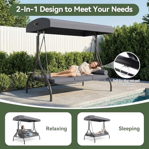 Aoxun Outdoor Porch Swing with Stand and Canopy, 3 Seats Outdoor Swings for Adults, Convertible 2 in 1 Swing Bed with Cup Holder, Patio Swings with Thicken Cushions for Garden, Yard & Balcony, Grey — view 3