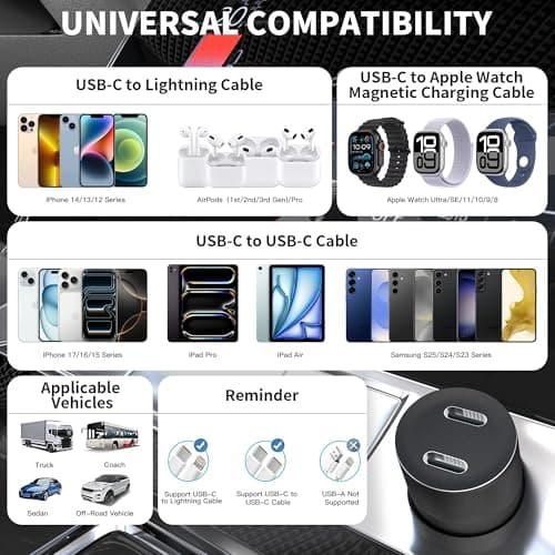 USB C Car Charger, 2Pack 60W Dual USB C Adapter Fast Charging Power Delivery Adapter Fast Type C Car Charger Plug Compatible with iPhone 17/17 Pro/17 Pro Max/16 Plus/15 Pro/Galaxy S26/S25/Pixel(Black) — view 5