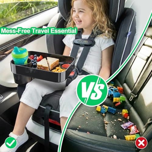 Car Seat Tray for Kids Travel, Carseat Tray for Food Toddler, Car Seat Table Tray, Car Seat Cup Holder Snack Tray for Graco, Evenflo, Chicco, Rotatable Removable Family Road Trip Essentials - Black — view 3