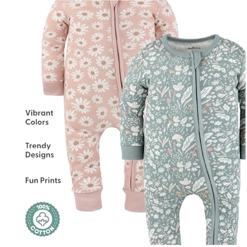 The Peanutshell 2-Pack Sleep and Play Baby Girl Clothes, 12-18 Months, Soft Cotton Footless Pajamas, Boho Meadow — view 2