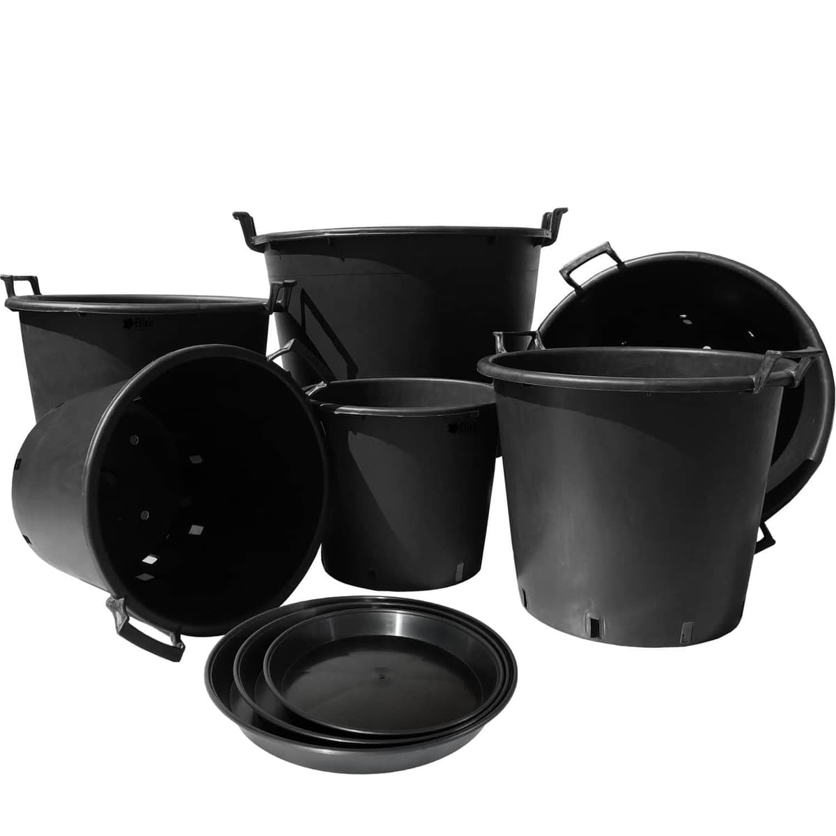 Elixir Gardens Large Plastic Recycled Plastic Plant Pot With Handles | 30, 35, 50, 75, 90, 110 & 130 L Sizes with Optional Saucers | Tree, Shrub & Garden Container/Feed Bucket | 50 Litre + Saucers x 2