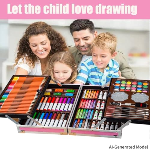 KINSPORY Art Set, 139 Pack Painting Drawing Art Supplies Kit with 2 Sketch Pads, Double Layers Art Crafts, Colored Pencils, Oil Pastels, Watercolor Paints, Aluminum Gift Case for Artists Kids (Pink) — view 6