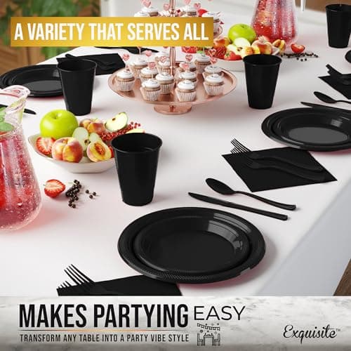 350 Pcs Black Plastic Plates for Party, Black Disposable Plates Set, 50 of Each 9" Dinner Plate Set, 7" Dessert Plate, Cups, Napkins & Cutlery Plastic Dinnerware Set Exquisite — view 3