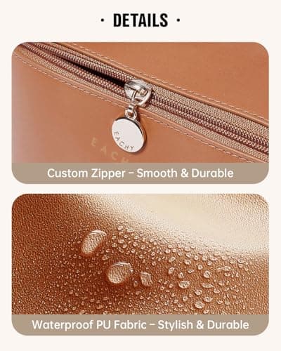 EACHY Travel Makeup Bag,Large Capacity Cosmetic Bags for Women,Waterproof Portable Pouch Open Flat Toiletry Bag Make up Bag with Divider and Handle, Gifts for Women (Brown, Medium) — view 4