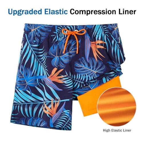 ELETOP Mens Swim Trunks with Compression Liner 5.5" Swim Shorts 2 in 1 Quick Dry Beach Shorts with Zipper Pockets Blue Yellow Palm Leaf M — view 5