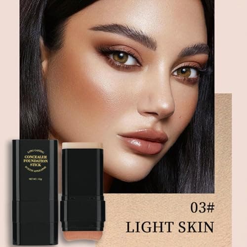 Foundation Stick, 2 in 1 Dual-Ended Long-Lasting Concealer Korean Foundation Contour Stick, Waterproof Contouring foundation with Brush, Full Coverage Matte Finish for Face Makeup(03#LIGHT SKIN) — view 2