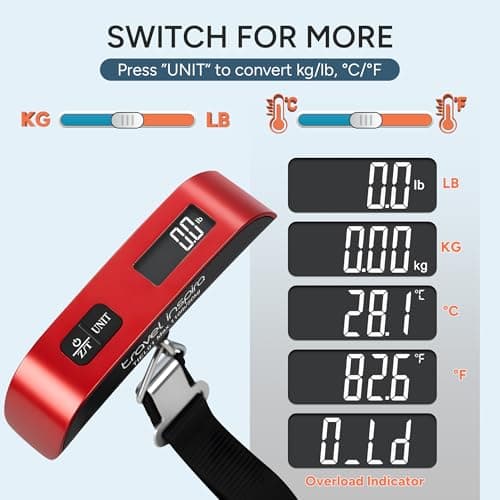 travel inspira Luggage Scale, Portable Digital Hanging Baggage Scale for Travel, Suitcase Weight Scale with Rubber Paint, 110 Pounds, Battery Included RED — view 7