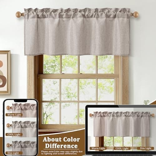 JIUZHEN Faux Linen Valance Curtains - Light Filtering Short Window Treatment with Rod Pocket, Farmhouse Valances for Kitchen Living Room Bedroom Bathroom, 42 x 12 Inch, 1 Panel, Stone — view 4