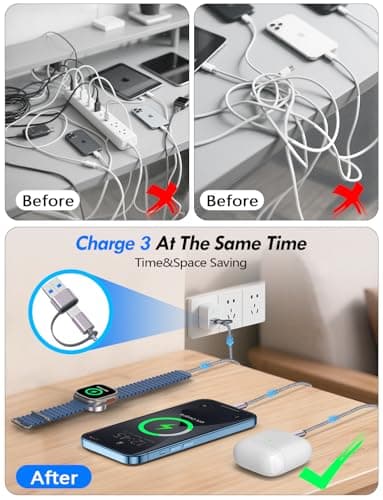 2Pack Multi Charging Cable Cord for Travel Essentials,Apple Watch Charger,iPhone Charger,[3-in-2] Type C/L Cable Portable Designed for iWatch,iPhone 17-8,Galaxy S26-21,Xbox Series X&S,iPad-4FT — view 3