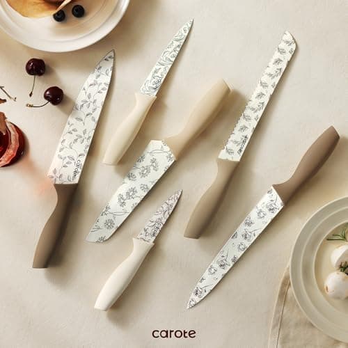 CAROTE 12PCS Knife Set, Kitchen Knife Set with 6 Blade Guards, Stainless Steel Knives Set With Nonstick Ceramic Coating, Rustproof, Delicate Floral Designs, White — view 6