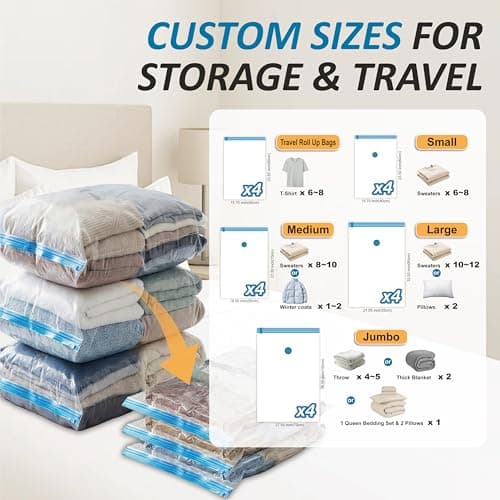 20 Pack Vacuum Storage Bags, Space Saver Bags (4 Jumbo/4 Large/4 Medium/4 Small/4 Roll) Compression Storage Bags for Comforters and Blankets, Vacuum Sealer Bags for Clothes Storage, Hand Pump Included — view 2