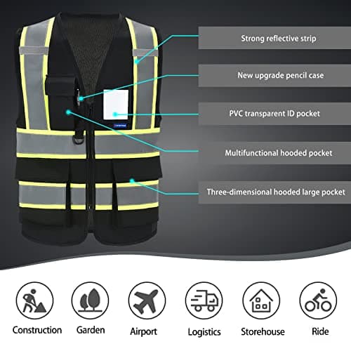 11 colors available Customize Logo black reflective vest High Visibility Reflective Safety Vest for Women Men High Visibility Security with Pockets Zipper Front Meets ANSI/ISEA Standards — view 4