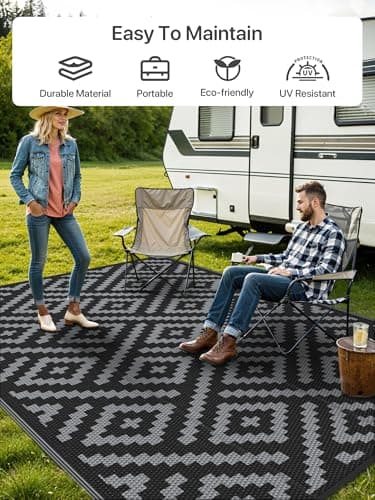 GENIMO 5x8 Outdoor Rug Waterproof, Reversible Mats, Outdoor Area Rug, Plastic Outside Carpet, Geometric Rv Mat for Patio Camping Rv Picnic Backyard Deck Balcony Porch Beach Trailer (Black & Grey) — view 2