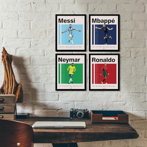 Soccer Posters 8x10 Inch Framed Canvas Prints Set of 4 - Messi, Ronaldo, Mbape And Neymar Famous Football Superstar Poster Sports Decor for Boys Bedroom Wall Art