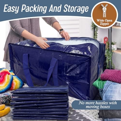 6 Pack Extra Heavy Duty Large Moving Bags with Strong Zipper & Comfortable Handles, Sturdy & Durable Clothes Storage Bags Totes Bins, Blue Packing Moving Boxes for College Supplies, Dark Blue — view 4