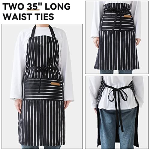 NLUS 2 Pack Kitchen Cooking Aprons, Adjustable Bib Soft Chef Apron with 2 Pockets for Men Women(Black/Brown Stripes) — view 4