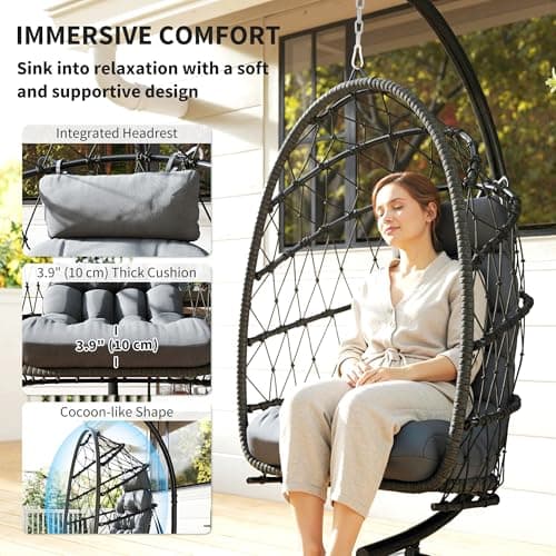 Outsunny Hanging Egg Chair with Stand, Foldable Wicker Rattan Swing Chair with Thick Cushion and Safety Rope for Patio Garden, Supports 264 lbs, Dark Grey — view 2