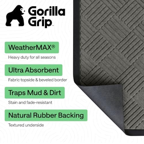GORILLA GRIP Durable Natural Rubber Door Mat, Waterproof, Low Profile, Heavy Duty Welcome Doormat for Indoor and Outdoor, Easy Clean, Rug Mats for Entry, Patio, Busy Areas, 17x29, Gray Diamond — view 2