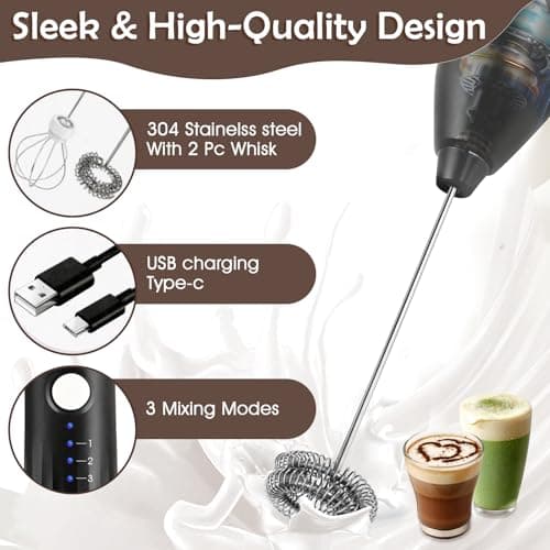 XSBAIHUO Milk Frother Handheld Rechargeable, Frother Wand Drink Mixer Electric Whisk for Coffee, Detachable With 2 Stainless Whisks, Hand Mixer for Lattes, Matcha, Egg, Kitchen Gifts(Black) — view 2