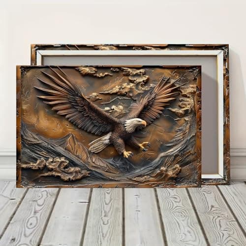 Embossed Eagle Over Mountains Framed Canvas Wall Art Ready To Hang Prints For Home Decoration, Idea Gift For Living Room & Bedroom, Office, Festival Party