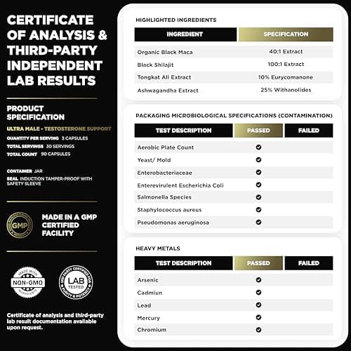 ULTRA MALE® Premium Testosterone Booster for Men w. 100:1 Shilajit, 40:1 Black Maca, Ashwagandha 25%, Tongkat Ali 10% - Clinical Strength Male Enhancing Testosterone Supplement for Men Health Libido+ — view 5