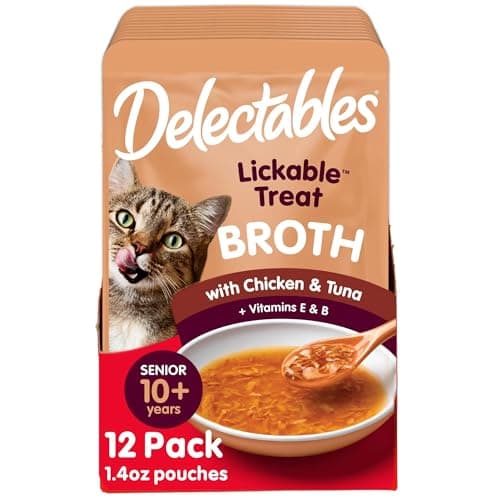 Delectables Lickable Treat Savory Broth Senior 10+ Wet Cat Treats with Real Chicken & Tuna, Food Topper, Hydrating, Grain-Free, No Fillers, No By-Product, No Added Preservatives, 1.4oz Pouch, 12ct