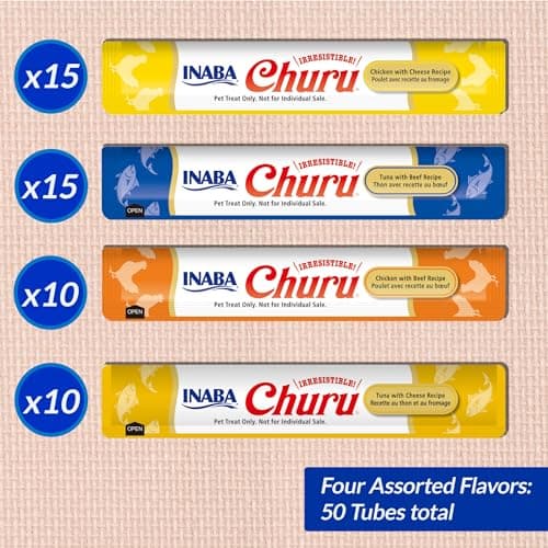INABA Churu Cat Treats, Lickable, Squeezable Creamy Purée Cat Treat with Green Tea Extract & Taurine, 0.5 Ounces Each Tube, 50 Tubes, Beef & Cheese Variety — view 5