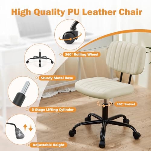 Sweetcrispy Small Office Desk Chair, Armless PU Leather Chair with Comfy Lumbar Support, Height Adjustable Rolling Swivel Task Chair for Adult, Student, Home, Vanity, Beige — view 5