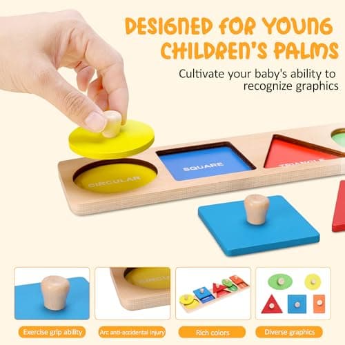 Montessori First Jumbo Knob Wooden Shape Puzzles for Toddlers,Montessori Multiple Peg Shapes Puzzle Sorter Board for Baby Kids Boy Girl,Preschool Learning Peg Puzzle Board Toys — view 3