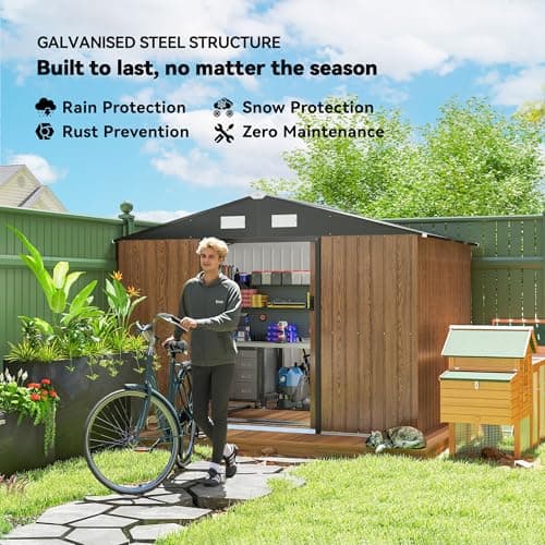 Outsunny 9' x 6' Garden Storage Shed with Foundation Kit, Metal Tool Storage House with Double Doors and Ventilation Slots for Outdoor Patio Yard, Teak — view 2