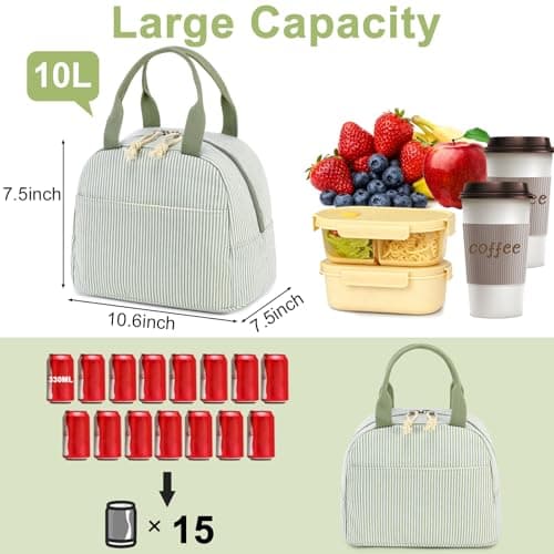 Bluboon Lunch Box for Women Cute Lunch Bag Reusable Insulated Lunch Bags Large Capacity Lunchbox Cooler for Work Picnic or Travel Gifts (A Sage Green White Stripes, 10 x 7.5 x 8 inches) — view 3