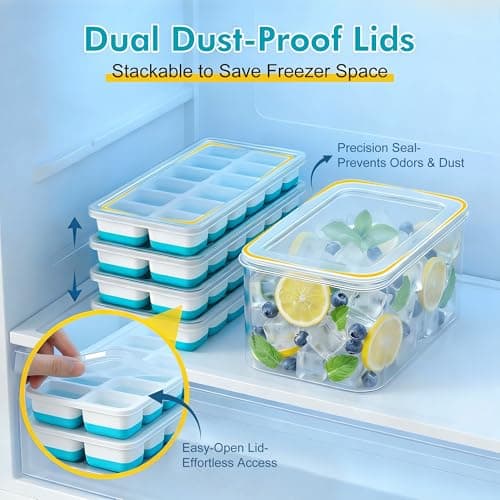 NFK Ice Cube Tray with Lid & Bin - 4 Pack 48 Cubes Stackable Silicone Trays for Freezer with Storage Container, Leak-Proof Lids, BPA-Free, Easy Release for Kitchen, RV, Party, Cocktail & Coffee — view 3