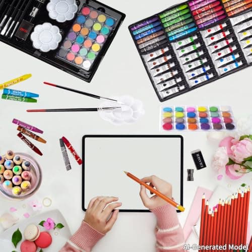 KINSPORY Art Set, 139 Pack Painting Drawing Art Supplies Kit with 2 Sketch Pads, Double Layers Art Crafts, Colored Pencils, Oil Pastels, Watercolor Paints, Aluminum Gift Case for Artists Kids (Pink) — view 2