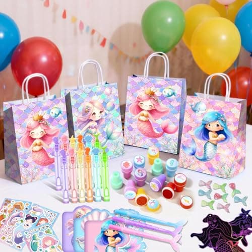 Mermaid Birthday Party Favors Bags Fillers, 108pcs Mermaid Goodie Bags Scratch Painting Bubbles Mini Notebooks Temporary Tattoo etc Mermaid Party Decorations Supplies — view 3