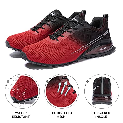 Kricely Men's Trail Running Shoes Fashion Hiking Sneakers for Men Tennis Cross Training Shoe Red Black Non-Slip Walking Footwear Size 10.5 Wide — view 3