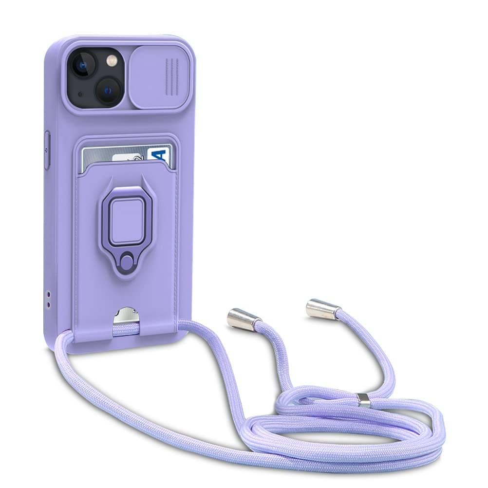 Protección de Cámara Funda Compatible con iPhone 13, con Anillo Soporte, Ajustable Collar Correa de Cuello Cordón Carcasa de Silicona-Púrpura