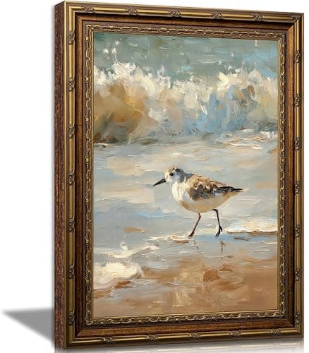 Vintage Framed Coastal Wall Art,Beach Sandpiper Bird Oil Painting, Antique Gold Ornate Frame, Seaside Ocean Waves Canvas Decor for Beach House, Bathroom, Living Room 11" L x 9" W