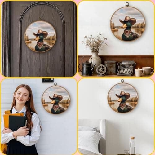 PRESSINART Cowboy Duck Decor 10 x 10 Inch Duck Framed Art Vintage Western Animal Round Wall Decor Linen Hanging Canvas Artwork for Gallery Bedroom Bathroom Living Room Farmhouse Office Home Kitchen — view 6