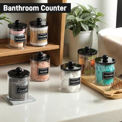 4 Pack Acrylic Qtip Holder Dispenser for Cotton Swabs, Balls, Pads, Floss - Plastic Canister Apothecary Jar Set, Bathroom Essentials Accessories Decor Vanity Makeup Storage Organizer - Clear & Black — view 3
