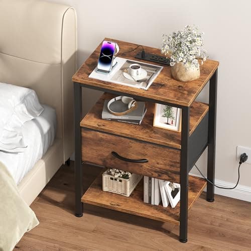 OLIXIS Nightstand with Charging Station, Beside Table with Fabric Drawer