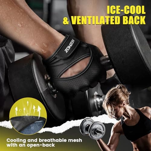 HOZMOZ Ventilated Weight Lifting Gloves, Thick Padded Workout Gym Gloves with Full Palm Protection & Grip & Shock Absorption for Women & Men's Fitness Exercise Training — view 3