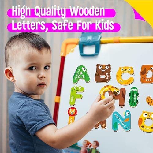 26 Magnetic Wooden Letters, Cute Animal Alphabet ABC Wood Magnets for Fridge Colorful Uppercase Animals Toys Set Educational Spelling Learning Games for Kids, Toddlers 3 4 5 Years Old — view 3