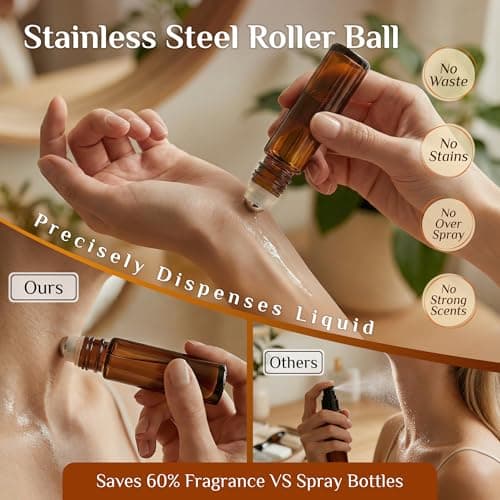 PrettyCare 4 Pack Amber Glass Oil Roller Bottles for Essential Oils 10ml, Roll On Bottles with Stainless Steel Roller Ball Leak-Proof Perfume Travel Refillable Bottle Empty, Beauty & Personal Care — view 4