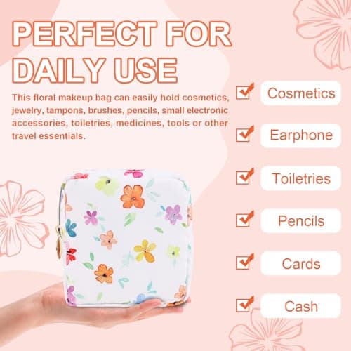 UIXIZQ Waterproof Mini Floral Makeup Bag Pouch for Purse,Nylon Flower Cosmetic Travel Bag Small Preppy Toiletry Organizers for Women Girl,Cute Zipper Pouch Coin Purse for Work(Mini Colorful-Flowers) — view 3