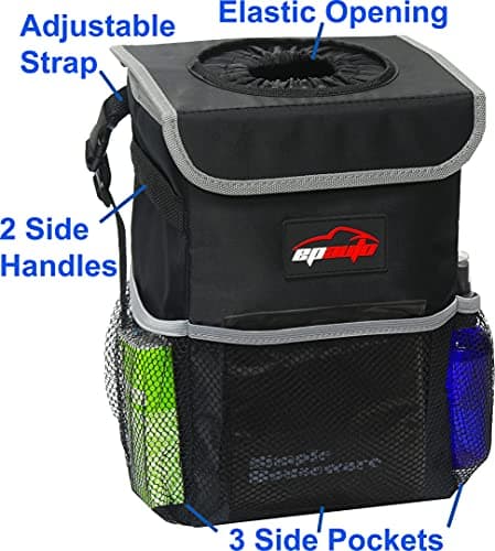 EPAuto Waterproof Car Trash Can with Lid and Storage Pockets, Black — view 3