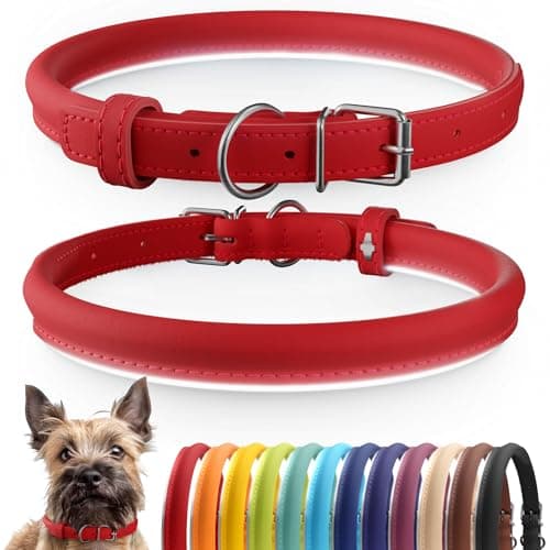 CollarDirect Rolled Leather Dog Collar, Soft Padded Round Puppy Collar, Handmade Genuine Leather Collar Dog Small Large Cat Collars (Red Smooth, 23-28 cm)