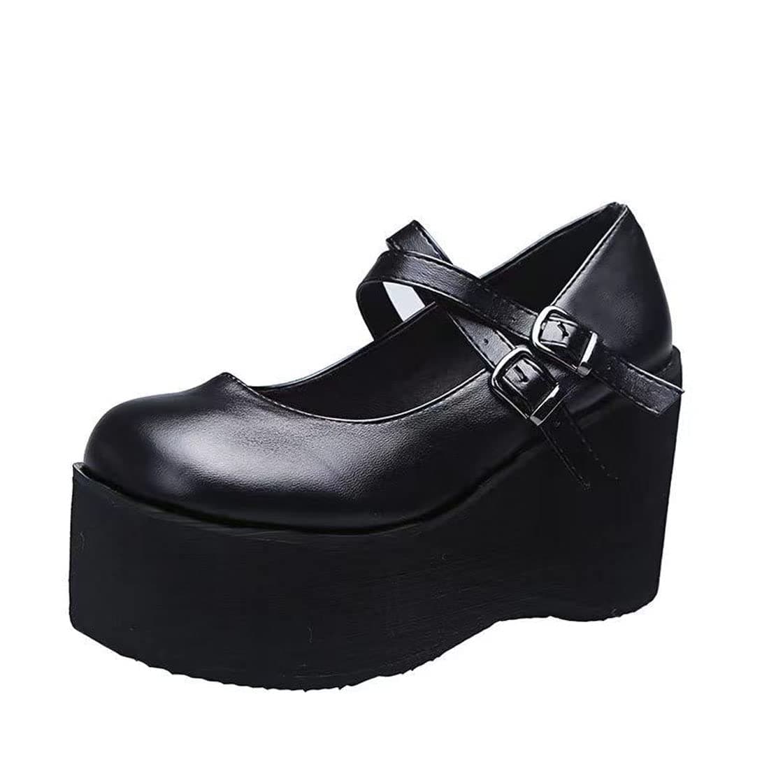 Womens Platform Mary Janes Shoes Sweet Toe Ankle Lolita Gothic Pumps Chunky Patent Leather — view 33