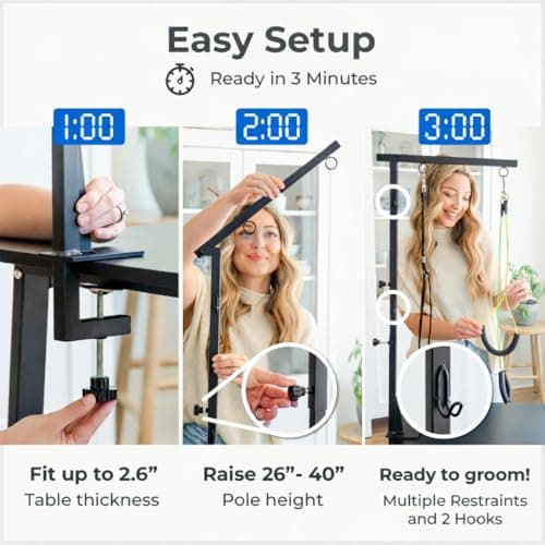 Dog Grooming Kit Adjustable Arm With Clamp: Height 26"-40", Small Dog Sling For Nail Trimming Hammock, no-sit Haunch Holder Leash Loops, Glove, Tool Hanging, Full Home Pet Grooming Supplies Kit, Cats — view 3