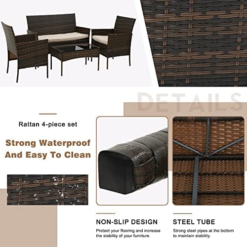 BestOffice Patio Furniture 4 Pieces Outdoor Indoor Use Rattan Chairs Wicker Patio Loveseats Conversation Sets with Table and Beige Cushions for Backyard Lawn Porch Garden Balcony,Brown — view 3