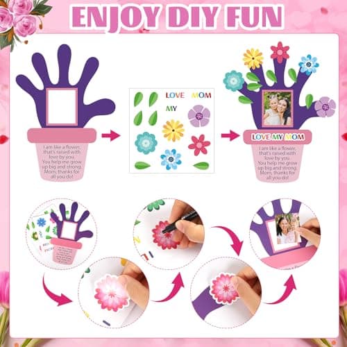 24 Sets Mothers Day Crafts for Kids Mother's Day Hand Picture Frame DIY Craft Kits Make Your Own Handprint Flower Pot Keepsake with Flower Stickers for Mom Gifts Spring Party Classroom Home Activities — view 2